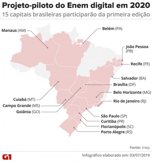 Mapa mostra as 15 capitais brasileiras que participaração da primeira edição do Enem digital, em 2020, em projeto-piloto