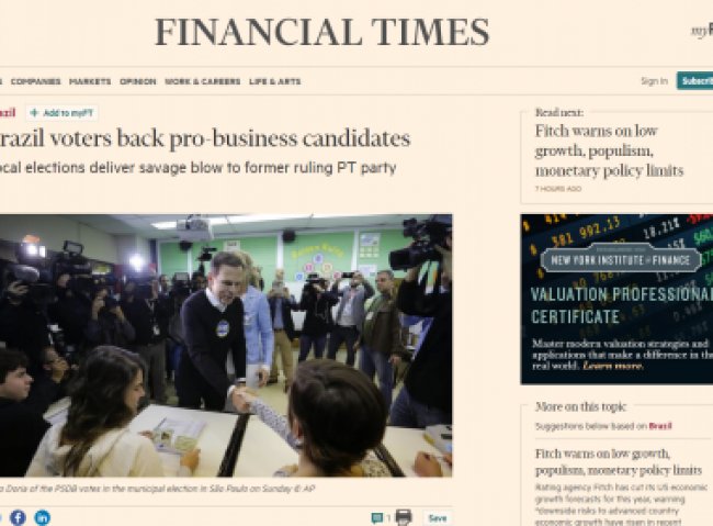 Financial Times diz que PT sofreu ‘humilhação nacional’ em eleições municipais